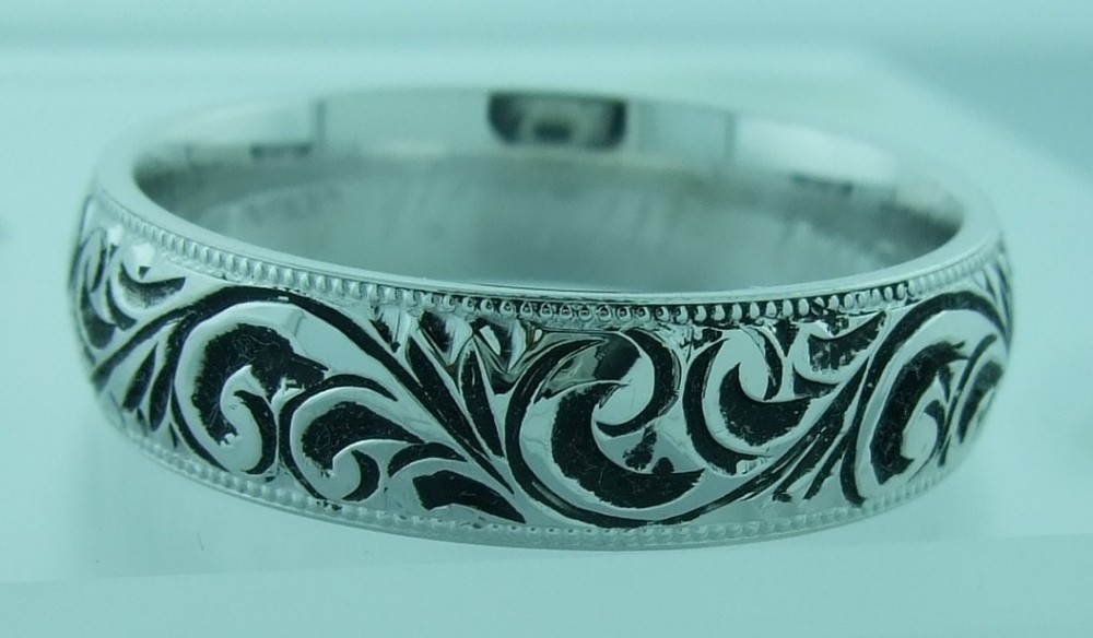White Gold Antique Hand-Tooled Band