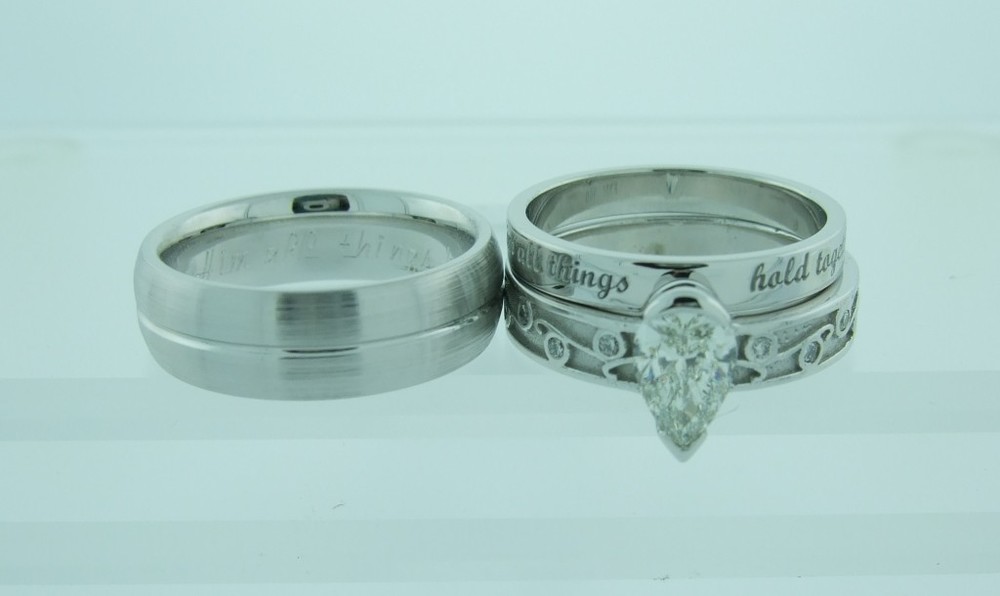 White Gold Brushed Channel Band with Pear Engagement and Engraved Band