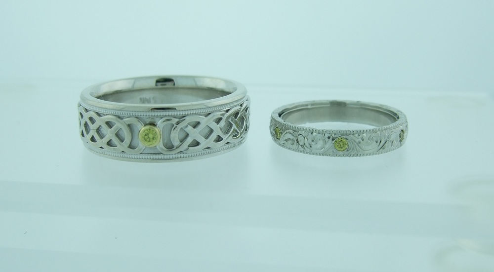 White Gold Custom Woven and Hand-Tooled Bands with Yellow Sapphire