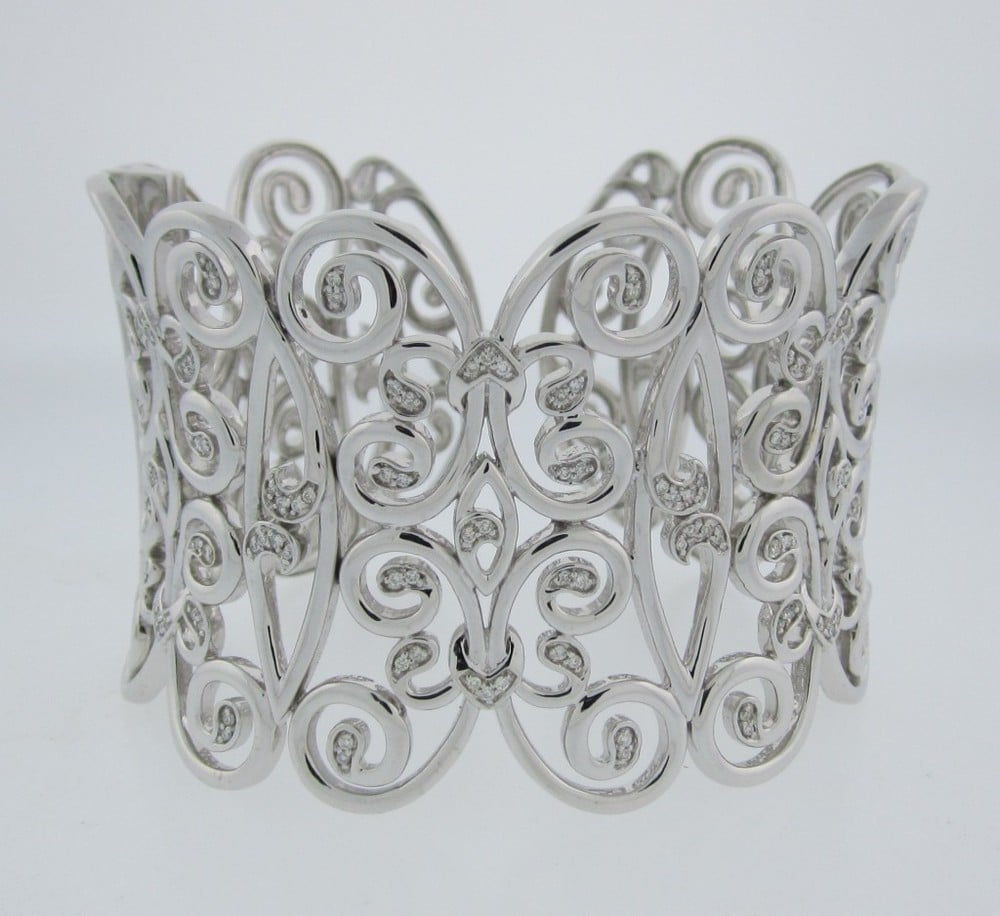 Wide Sterling Silver and Diamond Filigree Cuff