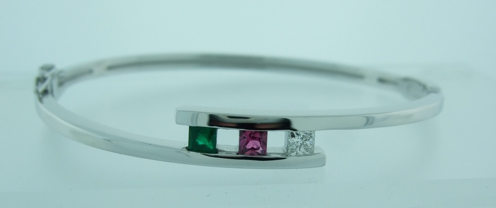 Princess Emerald, Pink Sapphire and Diamond Bypass Bangle