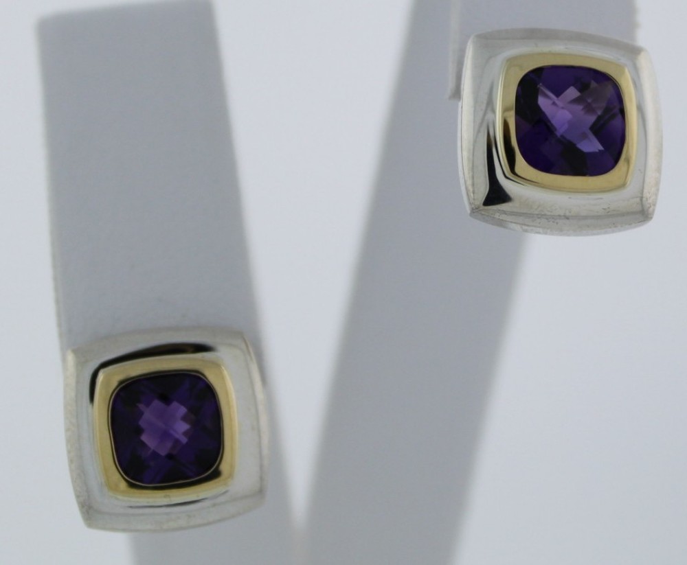 Checkerboard Cushion Amethyst Two-Tone Stud Earrings