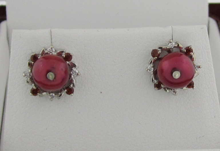 Maroon Pearl Earrings with Diamond and Garnet Jackets