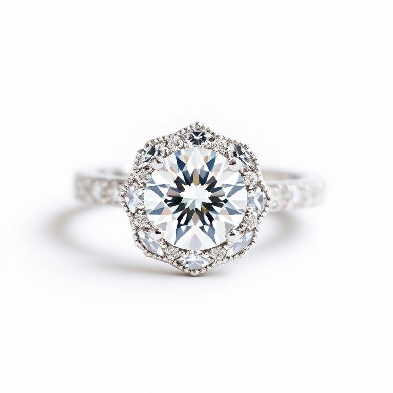 Round diamond engagement ring with a vintage-inspired milgrain halo in white gold