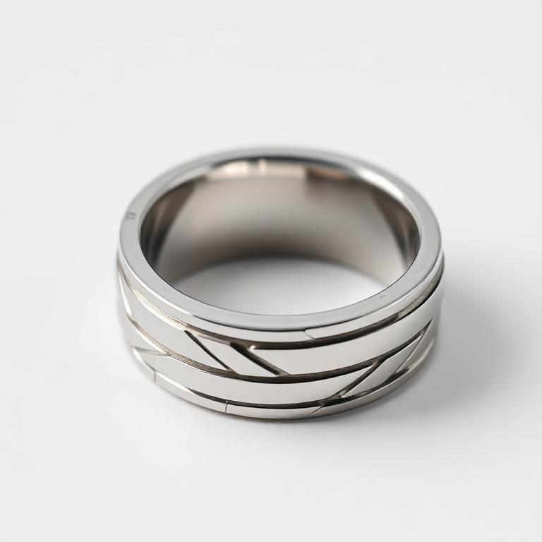 Men's brushed white gold wedding band with angled facets