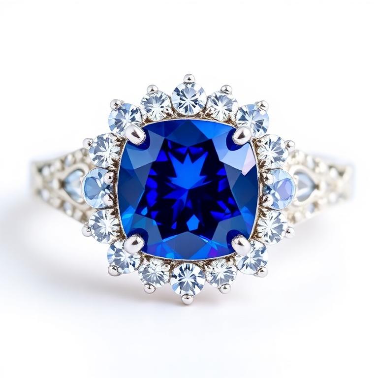 Cushion-cut blue sapphire halo ring with diamond accents in white gold