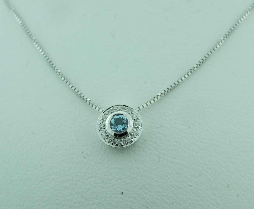 Aquamarine and Diamond Bezel Halo Pendant
