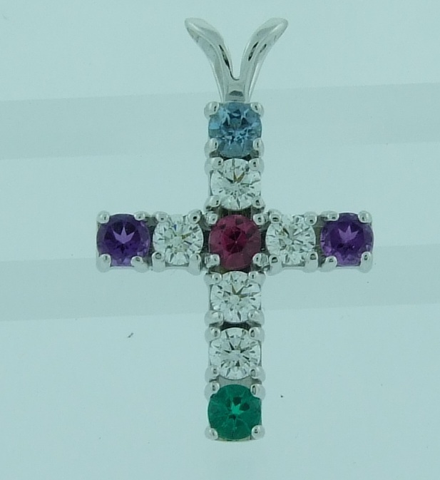 White Gold Family Birthstone Cross Pendant