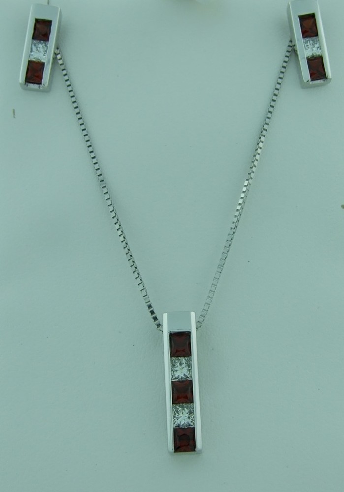 Princess Garnet and Diamond Pendant and Earring Set