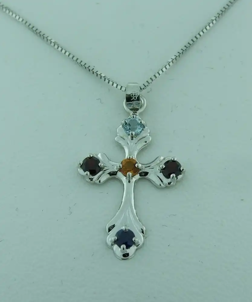 White Gold Family Birthstone Cross Pendant
