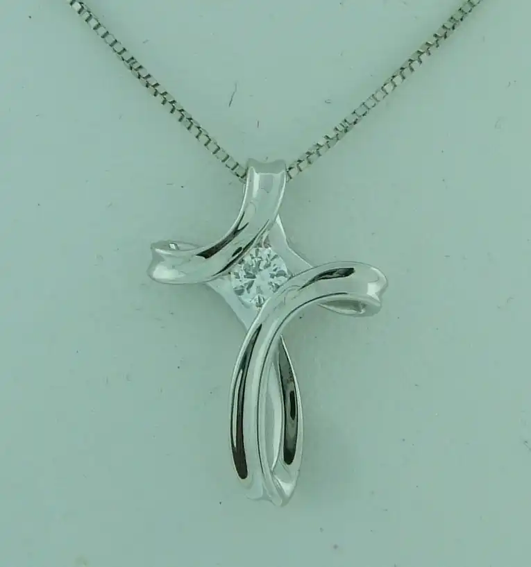 White Gold Ribbon Diamond Cross Pendant