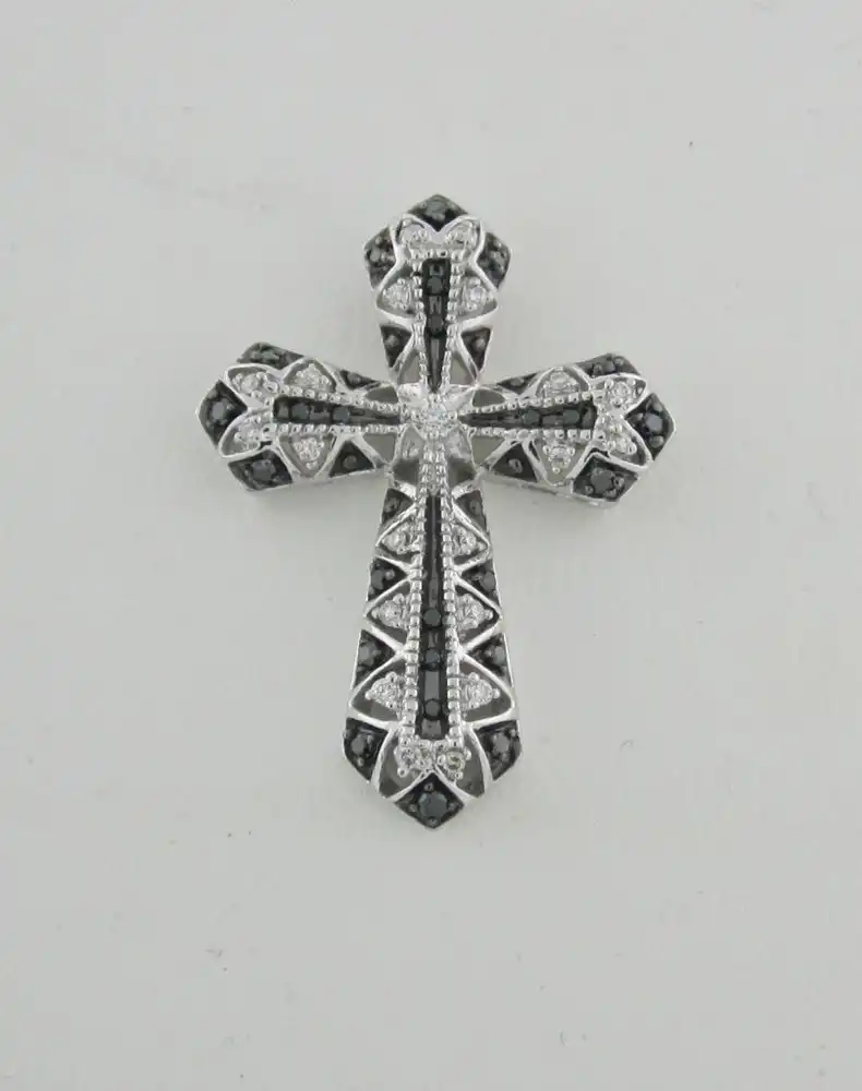 White and Black Diamond Filigree Cross Pendant