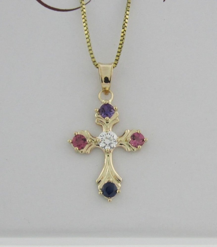Yellow Gold Family Birthstone Cross Pendant