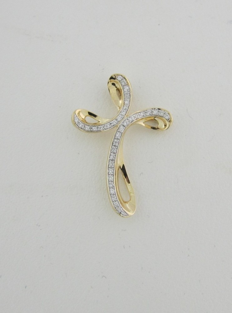 Yellow Gold Curved Diamond Ribbon Cross Pendant