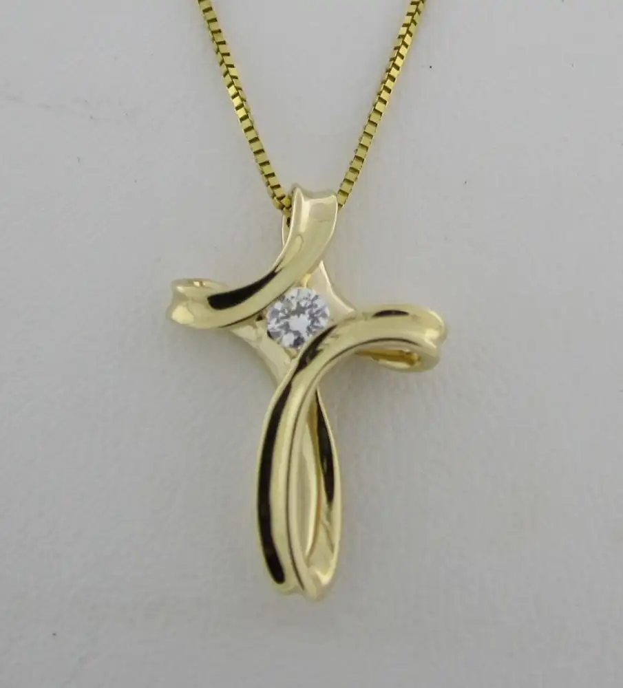 Yellow Gold Smooth Ribbon Cross with Round Diamond